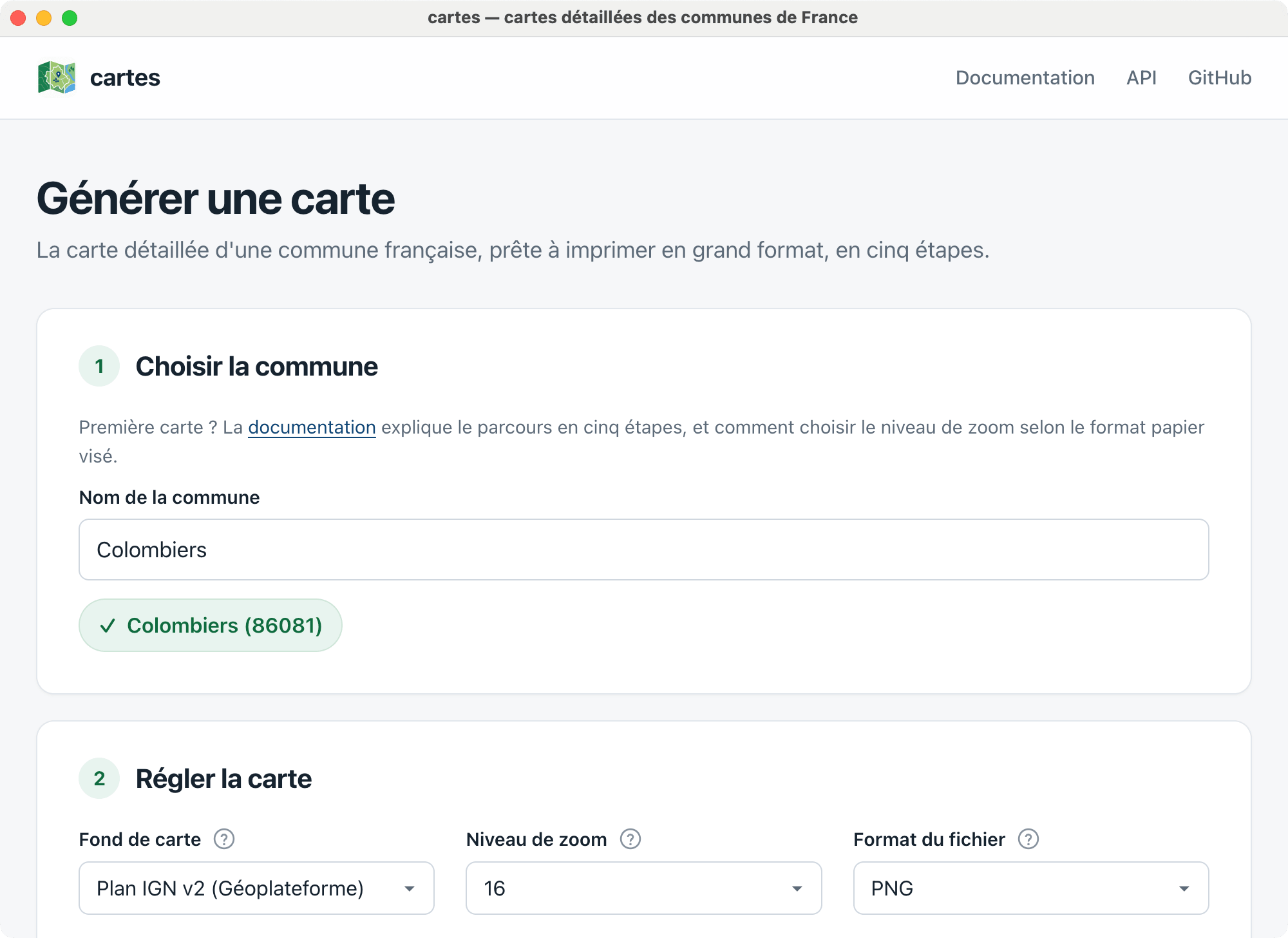 La fenêtre de l'application de bureau sur macOS : la commune choisie, puis le fond de carte, le niveau de zoom et le format du fichier