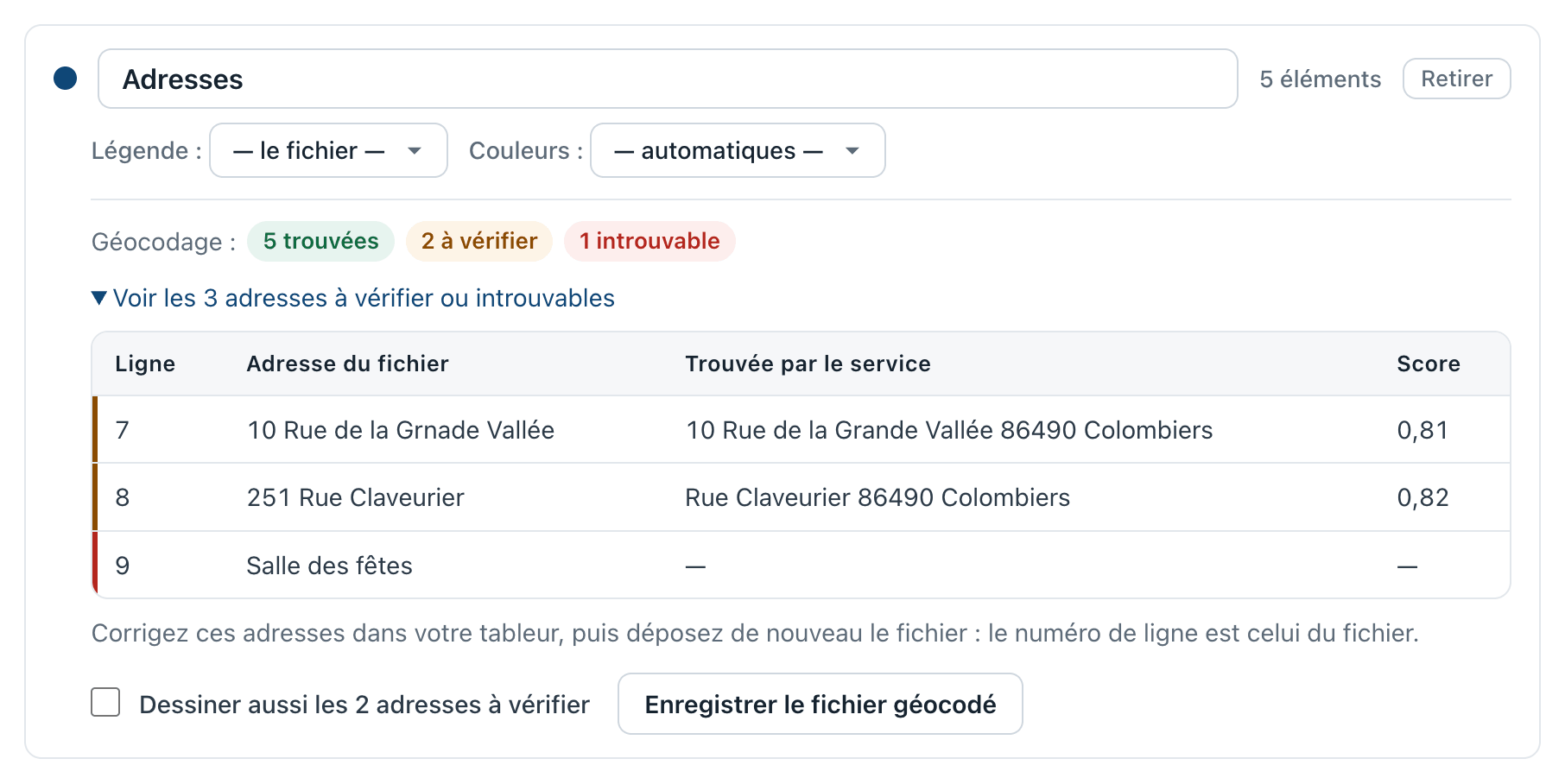 Un fichier géocodé dans la liste des données : le bilan en trois nombres, le tableau des adresses à vérifier ou introuvables avec ce que le service a trouvé, la case pour dessiner les adresses à vérifier, et le bouton pour enregistrer le fichier géocodé
