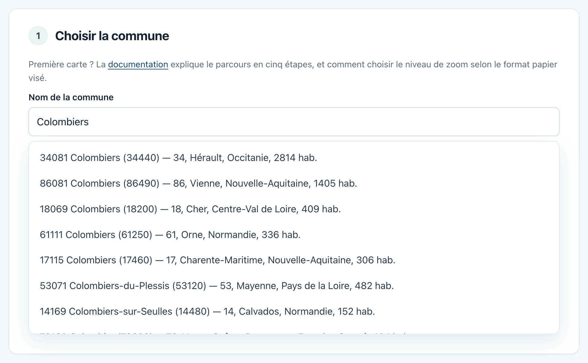 La première étape de la page web : le nom « Colombiers » saisi, et la liste des communes homonymes avec leur département et leur nombre d'habitants
