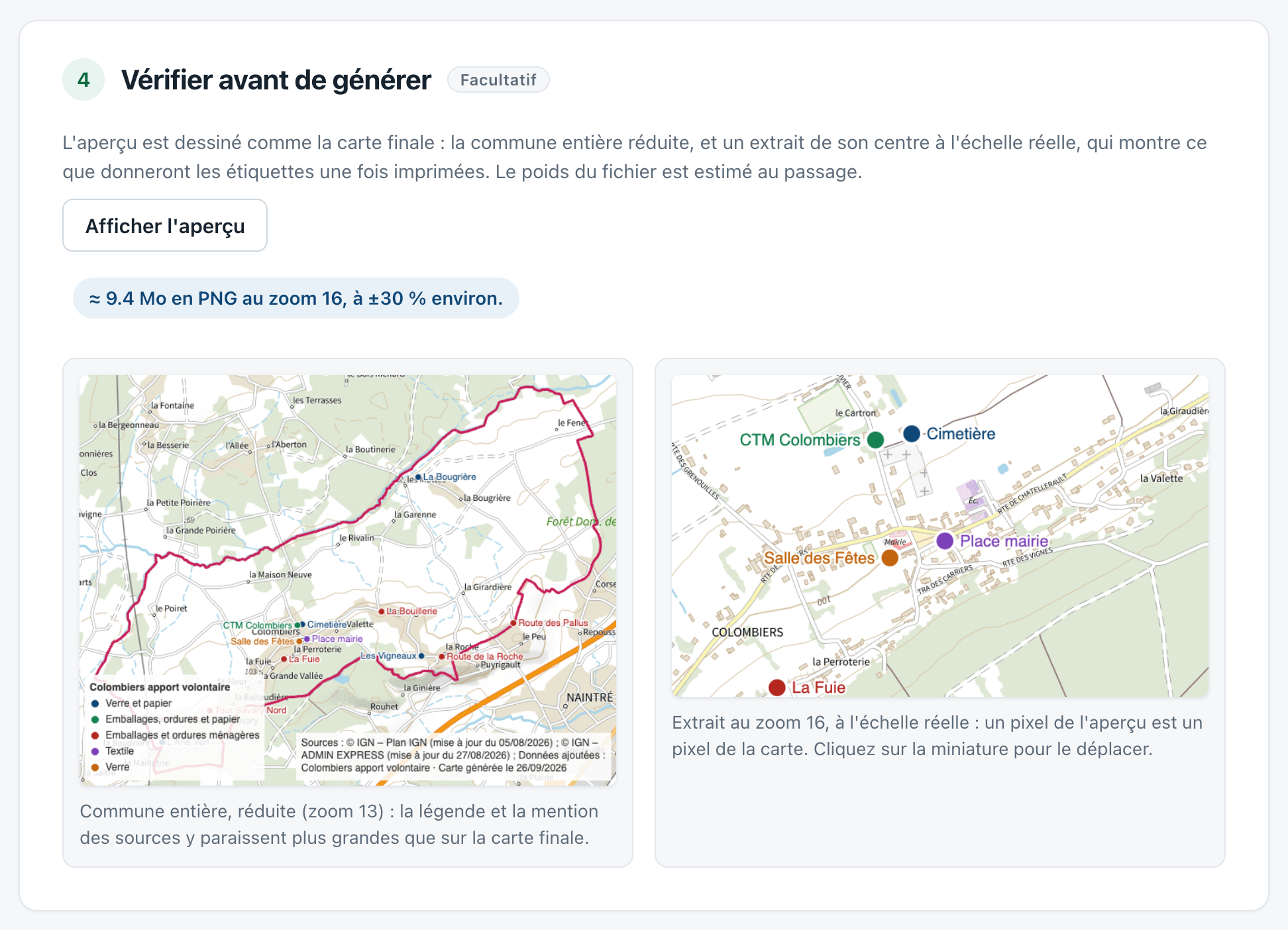 L'aperçu : à gauche la commune entière réduite, à droite un extrait à l'échelle réelle autour du bourg, et au-dessous le poids estimé du fichier