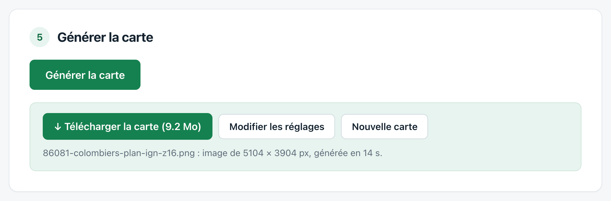 La dernière étape : la carte générée, avec son poids, ses dimensions et les boutons Télécharger la carte, Modifier les réglages et Nouvelle carte
