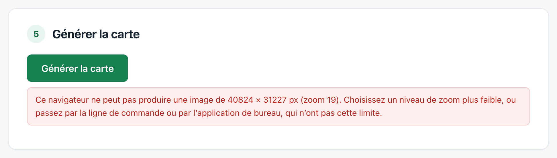 Le message de la page web quand l'image demandée dépasse ce que le navigateur sait dessiner, avec ses renvois vers l'application de bureau et la ligne de commande