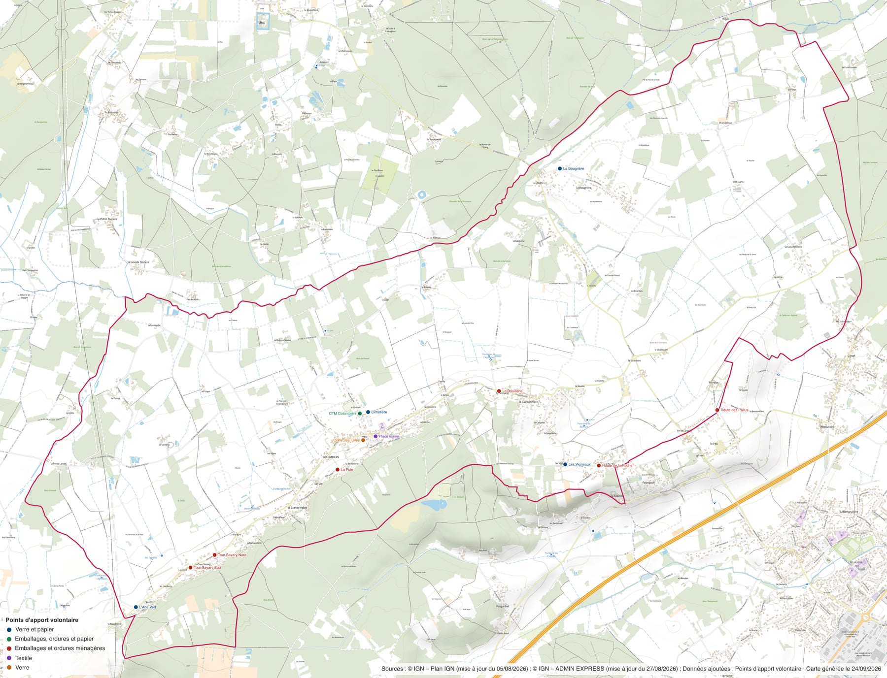 La carte entière de Colombiers au zoom 16, avec son contour, les points d'apport volontaire, leur légende en bas à gauche et la mention des sources en bas à droite