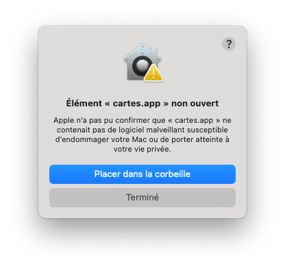 Élément « cartes.app » non ouvert : Apple n'a pas pu confirmer que « cartes.app » ne contenait pas de logiciel malveillant