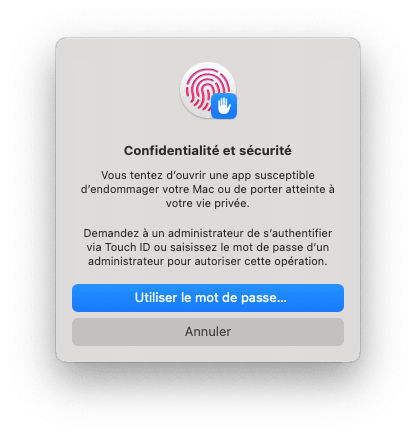 Confidentialité et sécurité : autoriser l'opération avec Touch ID ou le mot de passe d'un administrateur
