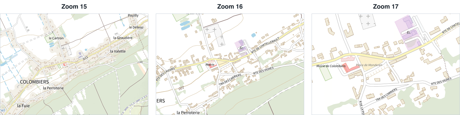 Le même extrait de 480 × 330 pixels autour de la mairie de Colombiers, aux zooms 15, 16 et 17 : le texte garde la même taille, le détail augmente
